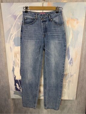 EDIKTED Asymmetrical Button Fly Straight Leg Jeans Light Blue 100% Cotton S